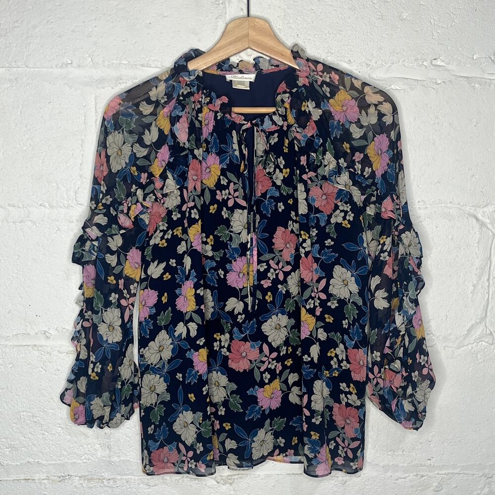 Shoshanna Women's Silk Floral Ruffle Tie Neck Flowy Navy Blue Blouse Size XS